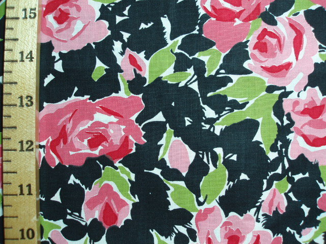 Pink Roses & Black Leaves | AntiqueFabric.com